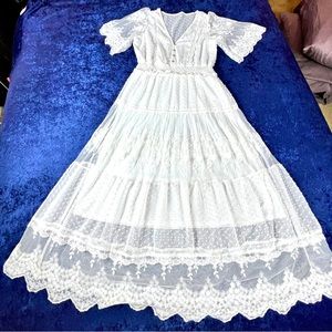 Long, White, Lace Dress with abalone shell buttons, adult X large.